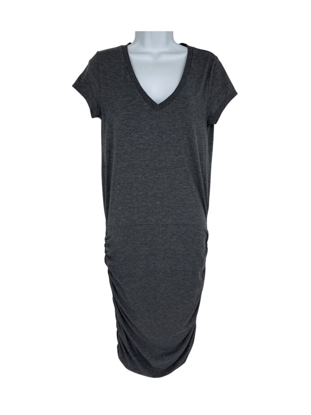 Athleta Womens Charcoal Gray Ruched Hem V-Neck Short Sleeve Dress ST